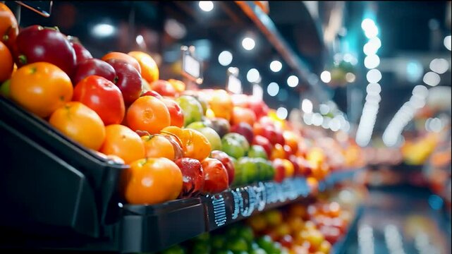 A fruit stand with a variety of fruits including oranges, apples, and tomatoes. The image has a bright and colorful mood, with the fruits arranged in a visually appealing manner