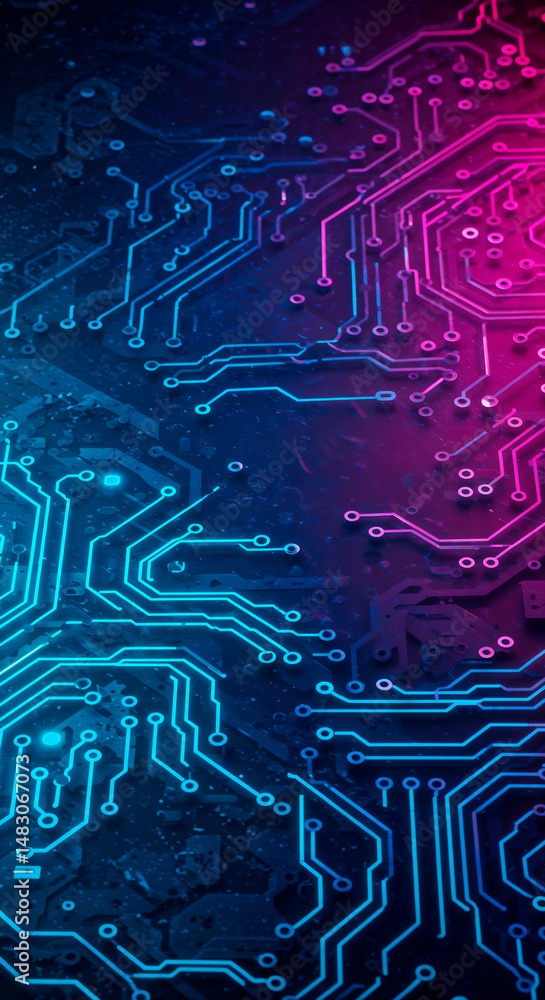 Poster vibrant circuit board design featuring colorful lines on a dark background