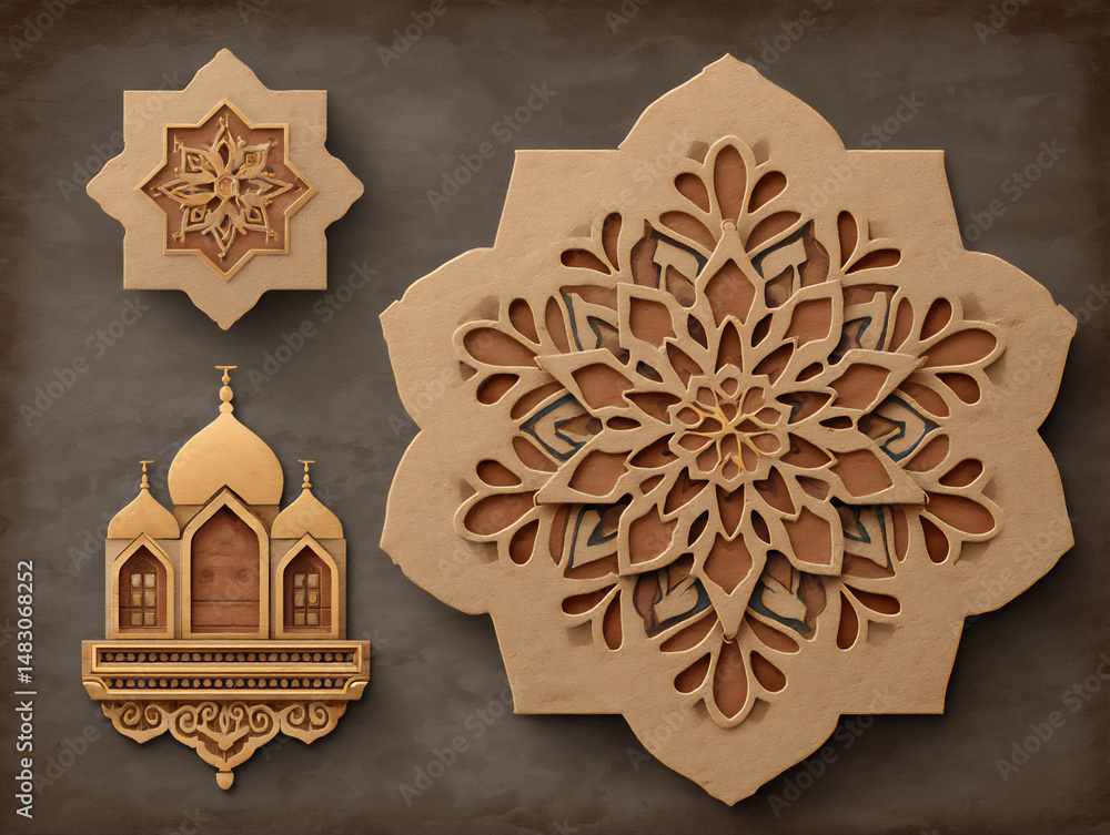 Poster set of monochromatic islamic line art designs with varying line weights and subtle shading for a thr