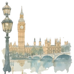 Naklejka premium Watercolour Impression of the Palace of Westminster with Thames Reflection at Dusk