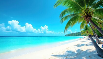 Sunny beach scene with turquoise water and palm trees , sky, waves, paradise