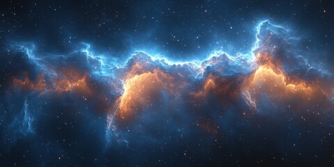 Obraz premium Colorful cosmic nebula illuminated by vibrant blue and orange hues against a starry backdrop in deep space