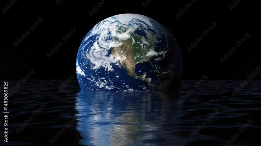 Poster surreal view of earth as an egg-shaped globe emerging from dark waters with reflection rippling on t