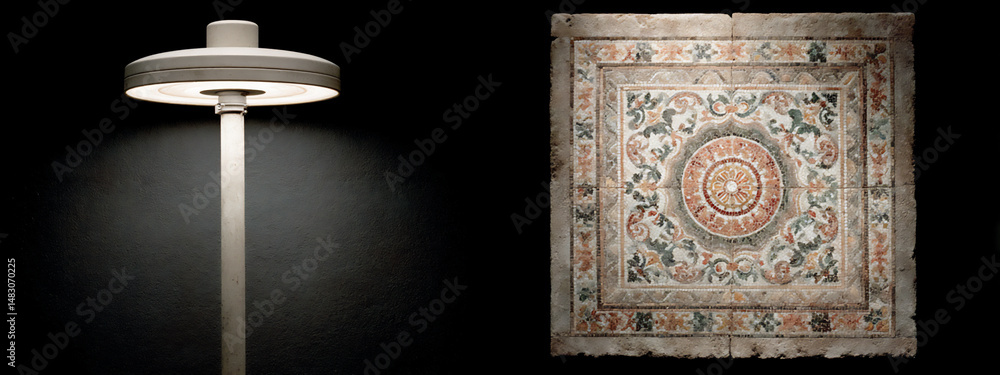 Poster evocative image of a single light source illuminating a section of an ornate islamic tilework