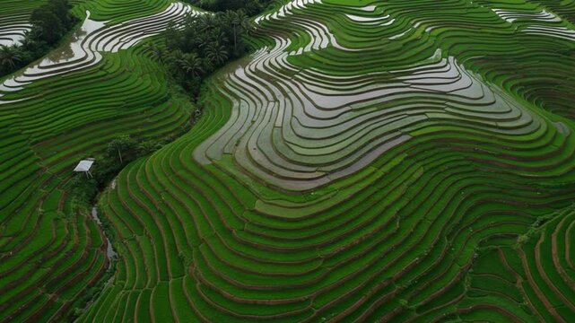 Aerial panorama of rice terraces agriculture in green field and reflections
