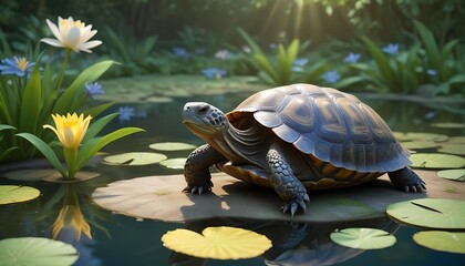 Obraz premium a charming tortoise with a patterned shell and gentle eyes sits peacefully beside a calm pond, created with generative ai