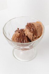 Two scoops of velvety chocolate ice cream rest within a stylish glass bowl, tempting dessert lovers