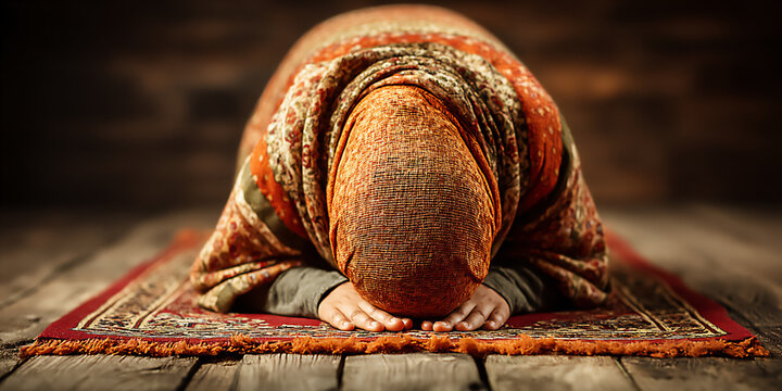 serene image of a muslim woman wearing a headscarf in prostration during prayer on a simple prayer m