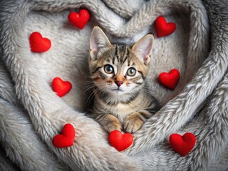 Adorable Striped Kitten on Red Hearts Blanket - Valentine's Day Pet Photo
