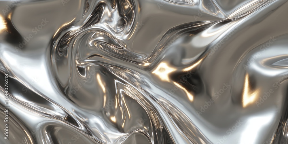 Poster abstract liquid chrome surface with reflective metallic wave patterns
