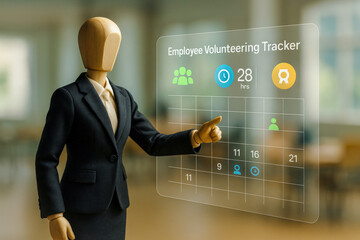 Corporate social responsibility csr concept with mannequin in suit using employee volunteering tracker in modern office environment