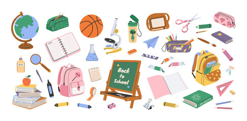 Set of hand drawn school supplies and stationery. Isolated clip art bundle. Back to school and education concept. Backpacks, pencil cases, globe, microscope, books, blackboard. Flat vector bundle. © Iuliia Savko