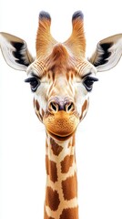 Giraffe with distinctive facial features and expressive eyes on a white background