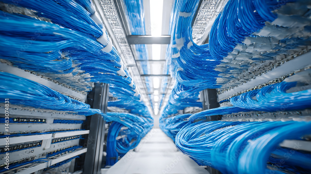 Poster modern data center interior with many blue network cables organized in rows high tech infrastructure