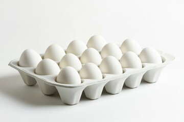 Carton of white eggs isolated on white background for cooking, baking, and breakfast uses.