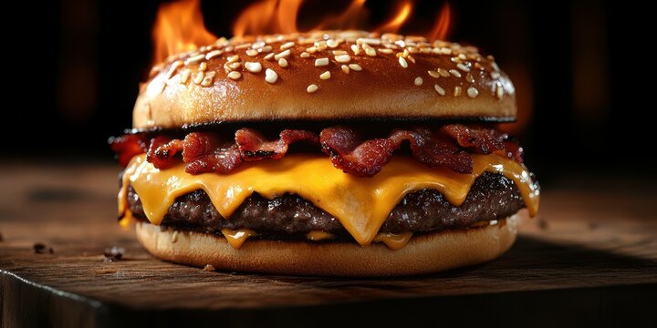 Delicious smoked hamburger with crispy bacon and melted cheese at a rustic grill setting