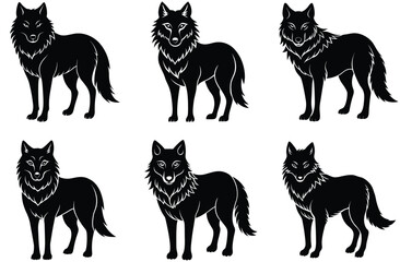 A vector illustration features a set of black cat silhouettes, a collection of feline animal icons and design elements
