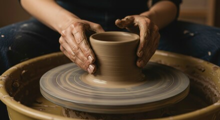 Hands shaping clay on pottery wheel