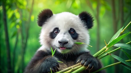 Naklejka premium Adorable Panda Cub Eating Bamboo Shoots - High-Resolution Stock Photo