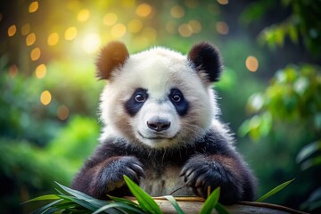 Obraz premium Adorable Panda Cub: Playful Pose, Black and White Fur, Nature's Ambassador