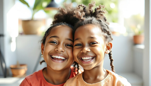 Two African-American girls with joyful facial expressions, smiling in a cozy home environment. Concept for Children's Day.