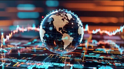 A globe is displayed on a computer screen with a lot of lines and numbers surrounding it. The globe is surrounded by a lot of data and numbers, giving the impression of a complex and intricate system - Powered by Adobe