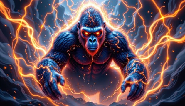 a glowing, mystical gorilla surrounded by aura or energy lines in a fantasy setting