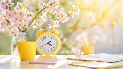 Creative desk setup with yellow alarm clock, blossoms, and notes in soft morning light