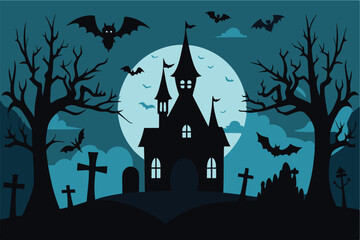 Fototapeta premium haunted castle, spooky forest, full moon, bats flying, dark eerie atmosphere, halloween night, fantasy, digital art, cinematic lighting 