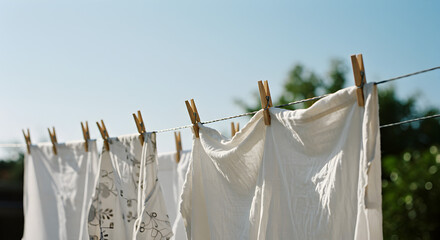 White Laundry Drying on a Clothesline under Clear Blue Sky with Green Foliage on a Bright Sunny Day Background