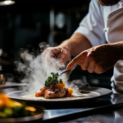 chef plating steaming gourmet dish with herbs in dark restaurant kitchen
