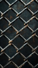 Fototapeta premium Rusty metal fence with geometric patterns and textures in a dark background