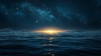 Vast expanse of ocean at sunrise under a starlit sky.