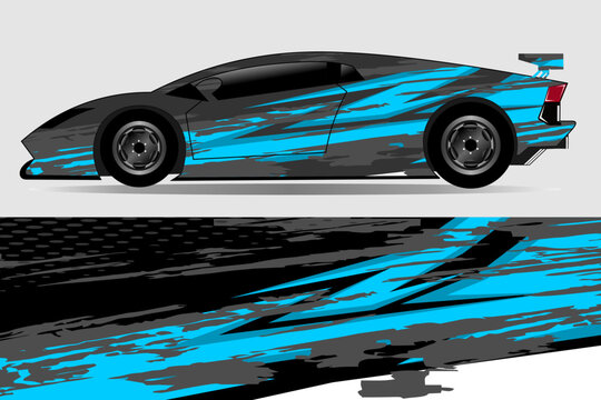Sleek sports car with dynamic blue graphics design