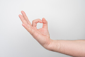 A light-skinned hand, raised with fingers forming an OK or perfect gesture thumb and index finger touching, other fingers extended The background is plain