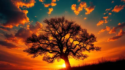 Tableau sur plexiglas  Silhouette of a grand tree against a vibrant sunset, with fiery clouds painting the sky in hues of orange and blue.  © Dougie C