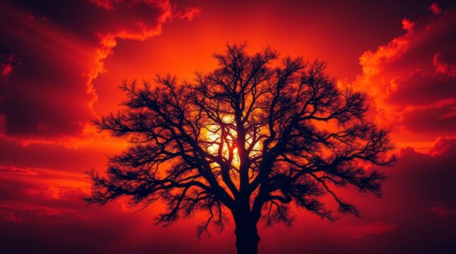 Silhouette of a tree against a fiery sunset. The bright orange and red sky creates a dramatic backdrop for the bare tree branches.