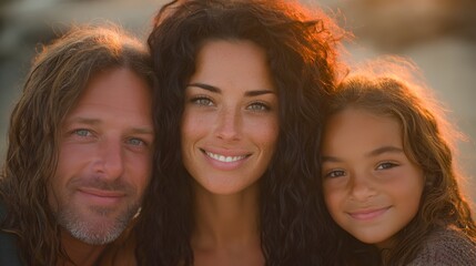Fototapeta premium A happy family portrait shows a mother father and daughter smiling together at sunset on the beach.