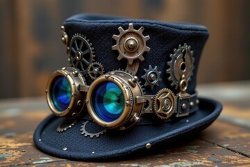 a steampunk inspired derby hat adorned with gears, goggles, and metallic accents