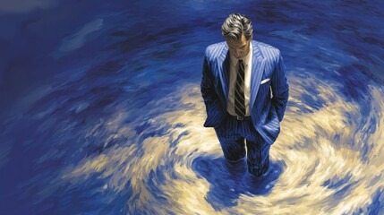 Series: Faces of Struggle — Man in Blue Suit Among Swirling Waters
