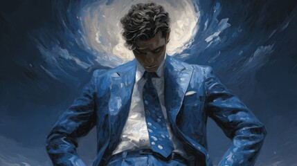 Series: Faces of Struggle — Man in Blue Suit Amidst Inner Turmoil