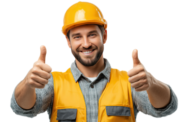 Construction worker: A construction worker in a yellow helmet and vest giving a double thumbs-up with a cheerful and confident expression.