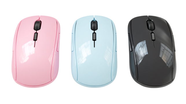 Three wireless computer mice pink blue black modern design technology work home tool mouse click device gadget on transparent background