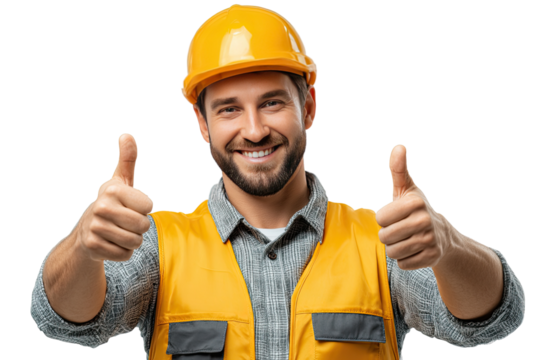 Construction worker: A construction worker in a yellow helmet and vest giving a double thumbs-up with a cheerful and confident expression.