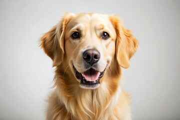 Adorable Golden Retriever Puppy Portrait, Isolated White Background - Stock Photo