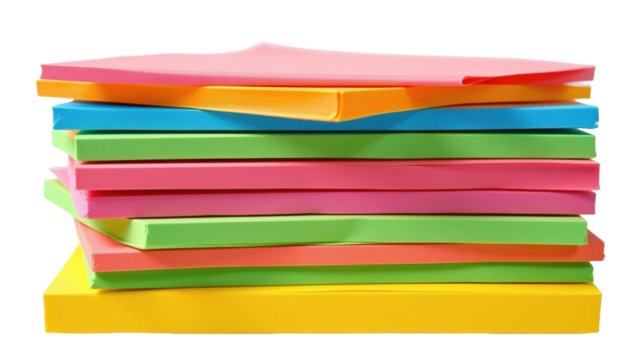 Colorful stack of sticky notes in vibrant hues, ready for your reminders and ideas. The notes are stacked together creating a visually appealing arrangement