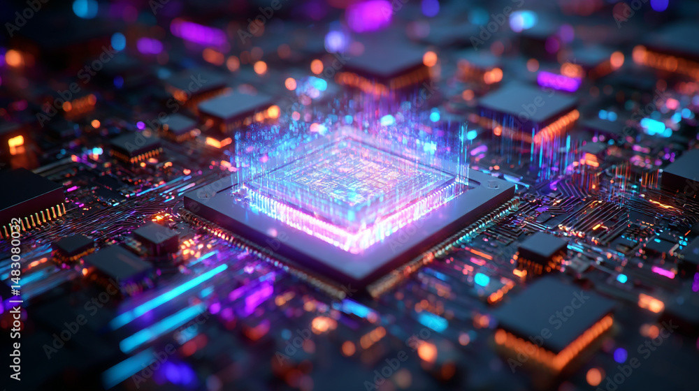 Poster abstract digital technology closeup circuit board glowing vibrant neon colors digital data streams p