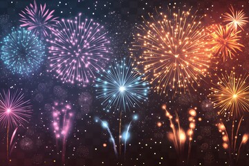 Naklejka premium Colorful Fireworks Display in Night Sky, Celebration with Vibrant Sparks and Lights