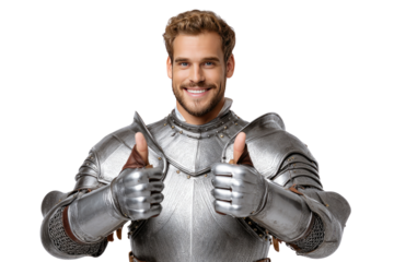 Smiling Knight in Armor: A cheerful knight in shining silver armor gives two thumbs up, conveying a message of success, approval, or positive reinforcement.