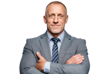 Confident Businessman Portrait: A portrait of a confident middle-aged businessman with his arms crossed, looking directly at the camera with a reassuring smile.